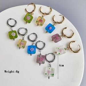 Stainless steel square glass earrings with rose pendant, 4cm length, 8g weight