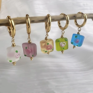 Stainless Steel Hoop Earrings With Square Frosted Glass Rose Flower Pendants Vintage French Pastoral Style Jewelry For Women