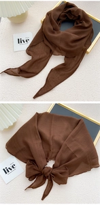 Detail of a brown translucent silk scarf showing chiffon texture and knot styling