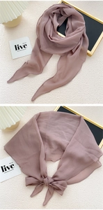 Close-up of mauve chiffon scarf with wavy petal edges and soft pleated texture