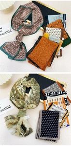 Vue détaillée de divers foulards en soie étroits aux motifs floraux et géométriques colorés