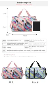 Size guide for large travel bag showing dimensions, water-resistant fabric and shoe pocket