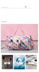 Macro detail of large gradient star pattern travel bag with pink straps and multi-pockets