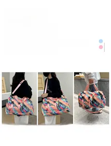 Macro view of waterproof travel bag featuring colorful patterns and three carrying modes
