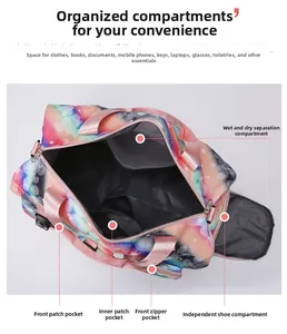 Top view of travel bag featuring galaxy print with wet-dry pocket and shoe compartment