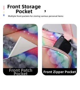 Detail view of rainbow galaxy travel bag showing front zipper and slip storage pockets