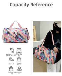 Detail view of large travel bag with rainbow star pattern showing its storage capacity