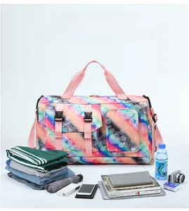 Large capacity travel bag with rainbow star pattern showing interior storage space