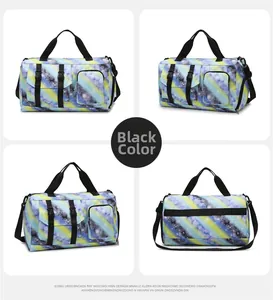 Four views of travel fitness bag with abstract star pattern and adjustable black straps