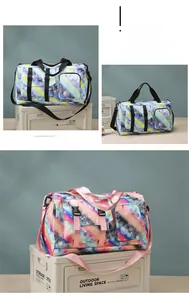 Detail of multi-functional travel bag featuring side pockets and adjustable shoulder straps