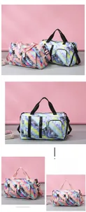 Detail view of large travel bag featuring rainbow gradient texture and functional front pockets