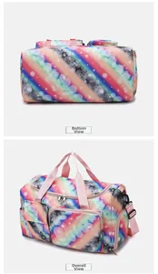 Detail view of rainbow striped gym bag showing bottom base and external zipper pockets