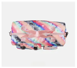 Top view of large capacity rainbow travel bag with pink handles and sturdy side buckles