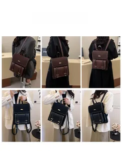 Detail view of retro PU leather backpacks in black and brown with buckle pockets