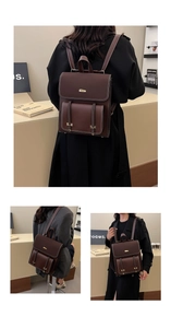Detail view of vintage dark brown PU leather backpack with contrast stitching and gold buckles