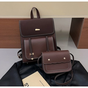 Detail of chocolate PU leather backpack set with contrast stitching and gold hardware