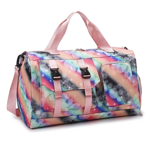 Rainbow starry travel duffel bag with large capacity and detachable pink shoulder strap