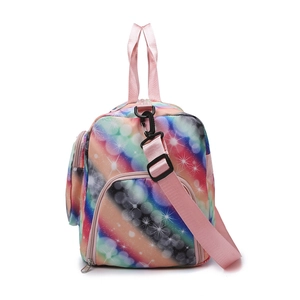 Large travel bag with nebula star print, yoga gym duffle with pink straps and crossbody belt