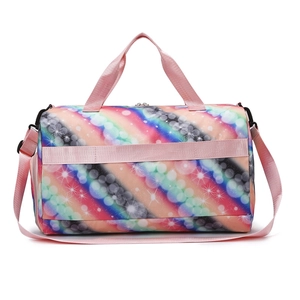 Gradient cylinder travel bag for sports and yoga with pink straps on white background