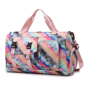 Rainbow gradient travel bag with large capacity, dual handles and pink shoulder strap