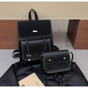 Detail of black PU leather backpack set with white stitching and gold hardware accessories