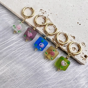 Set of retro stainless steel gold hoops with square glass rose flower charms in 5 colors