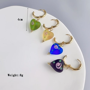 Frosted glass heart earrings in four colors with gold hoops, 4cm length and 8g weight