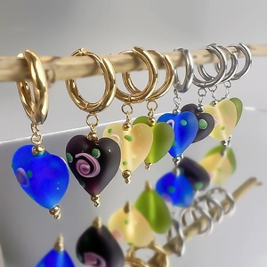 Stainless Steel Heart Lampwork Earrings Frosted Glass Rose Flower Pattern Vintage Bohemian Style Women
