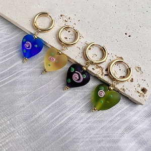 French retro heart earrings with matte rose glass pendants in four vibrant colors