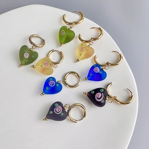 French matte glazed heart earrings with hand-painted roses and stainless steel hoops