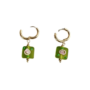 Vintage stainless steel earrings with square green glass charms and pink floral motifs