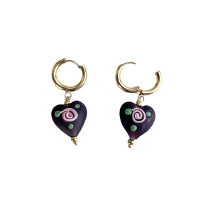 French design stainless steel hoop earrings with hand-painted frosted purple heart glass charms