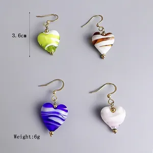 Colorful marble textured glass heart drop earrings with gold hooks and 3.6cm length
