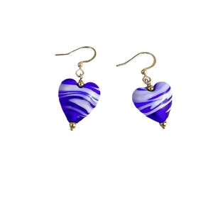 Sweet heart shaped drop earrings with blue and white swirl pattern and golden hooks