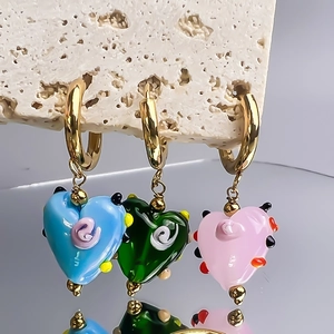 Créoles Pendentif Coeur Acier Inoxydable Verre Glaçé Point Couleur Spirale Niche Française Bijou Mignon Femmes
