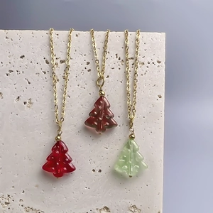 Christmas Tree Pendant Necklace Stainless Steel Chain Colorful Glass Resin Holiday Jewelry For Women