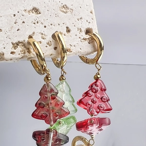 Boucles D'oreilles Pendantes Sapin De Noël Acier Inoxydable Plaqué Or 18K Résine Translucide Mignon Festif Femmes Bijoux