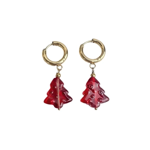 Boucles d'oreilles créoles dorées en acier inoxydable avec pendentifs sapins rouges