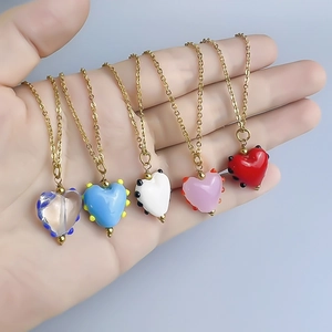 Collier Pendentif Cœur Macaron Doux Acier Inoxydable Verre Lampwork Point Bijoux Mode Pour Femmes