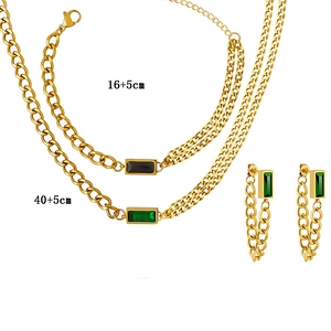 Chic double chain gold jewelry set with green zircon necklace, bracelet, and earrings