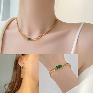 Vintage Double Chain Necklace Bracelet Earrings Jewelry Gold Plated Stainless Steel Emerald Green Square Zircon For Women