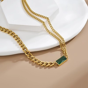 Luxurious gold-plated double chain necklace with emerald green rectangular zircon stone