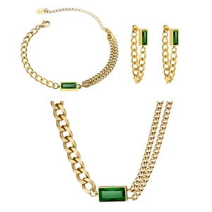 18K gold plated double chain jewelry set with green zircon stones for women