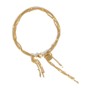 Multilayer 18K gold titanium steel chain bracelet with flowing tassels and square tag