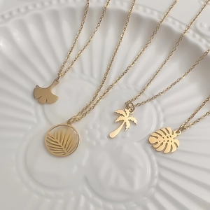 Tropical Leaf Pendant Necklace For Women Minimalist Stainless Steel Ginkgo Monstera Palm Coconut Tree Summer Jewelry