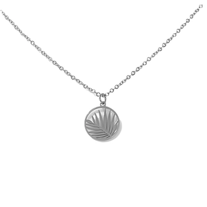 Minimalist silver chain necklace featuring a delicate hollow round palm leaf pendant