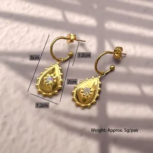 18K gold plated drop earrings with star zircon, 3cm length C-shaped dangle jewelry