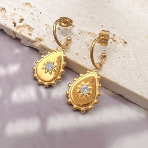 18K gold plated stainless steel teardrop starburst earrings with crystals on stone base