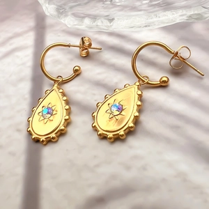 18K gold plated stainless steel teardrop earrings with iridescent stone and bead trim