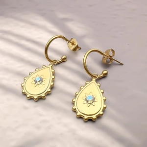 Teardrop Drop Earrings Stainless Steel 18K Gold Plated Eight Pointed Star Burst Zircon Inlaid Retro Vintage For Women